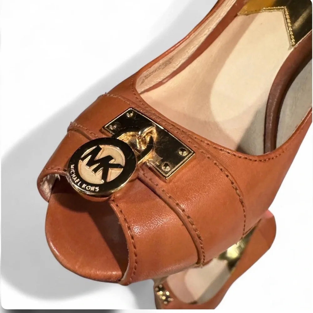 Michael Kors Women's Brown Leather Peep-Toe Wedge Heels - Picture 3 of 7